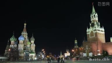 克里姆林宫和紫<strong>苏大</strong>教堂在莫斯科红场的夜晚时光流逝